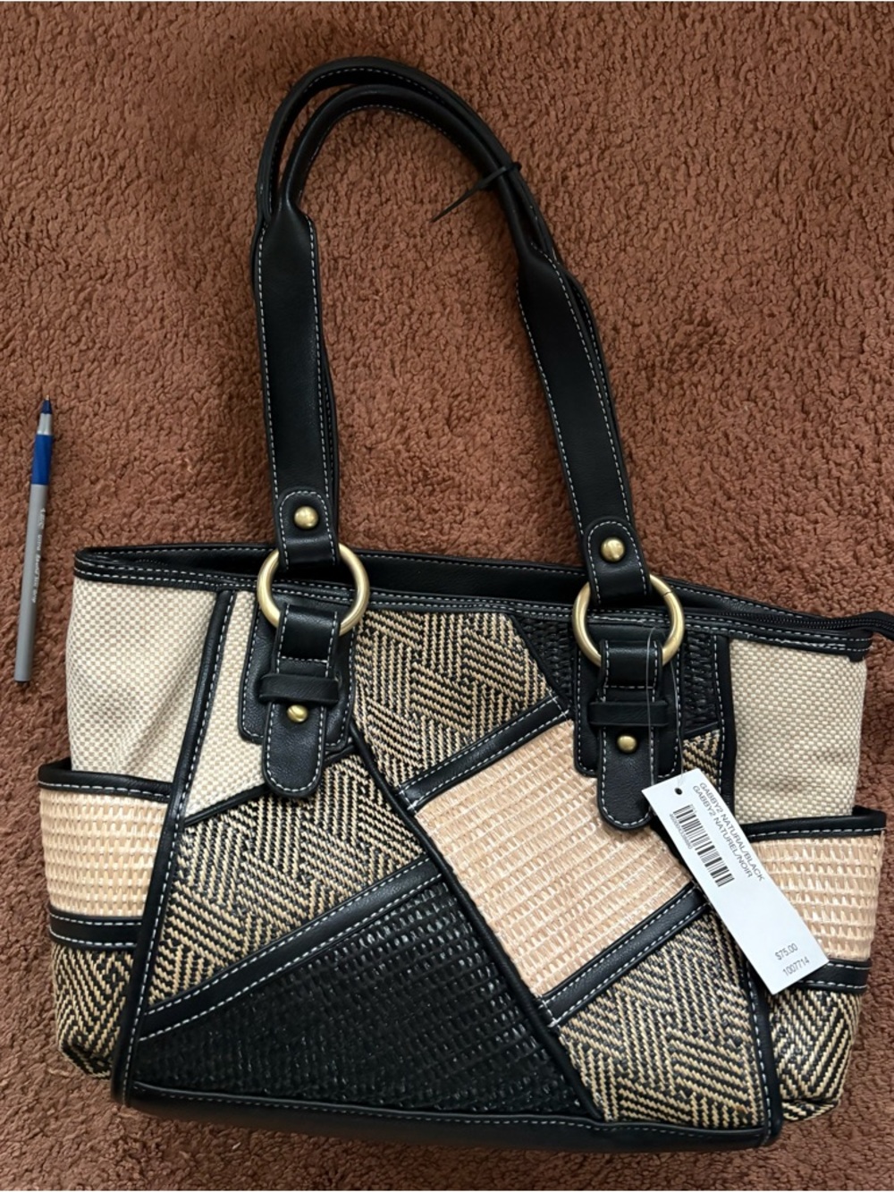 Gabby2 Woven Patchwork Tote Bag with Black Trim